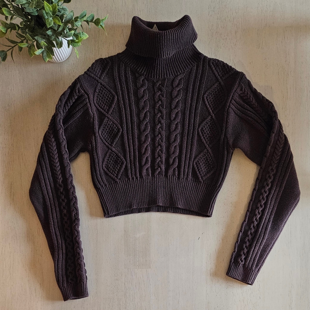 Kendall & Kylie Cropped Dark Brown Cable Knit Turtleneck Sweater